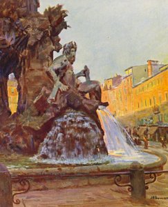 Rzym: Piazza Navona, fontanna Berniniego (kolorowa litografia)