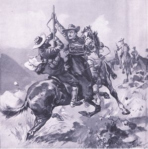 Zdobycie korneta polnego Swanepoela, ilustracja z filmu After Pretoria: The Guerilla War, 1902 autorstwa Joseph Finnemore