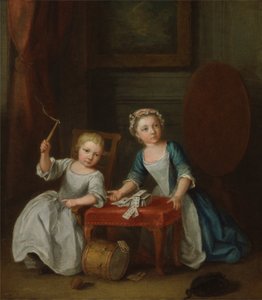 Dwoje dzieci z rodziny Nollekens, prawdopodobnie Jacobus i Maria Sophia, bawiące się blatem i karty do gry, 1745
