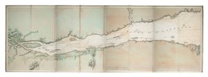 Mapa rzeki Świętego Wawrzyńca, wybrzeże Atlantyku w Ameryce Północnej, ok. 1781 r. (kolorowa rycina)