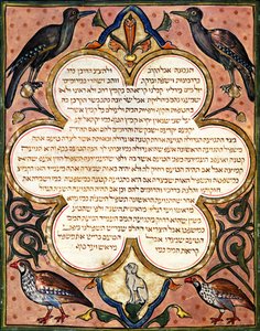 Strona z Biblii hebrajskiej z ptakami, 1299