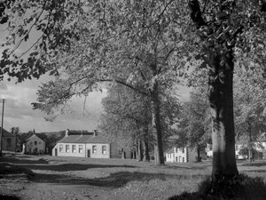 Drzewa w liściach i widok na zabudowania wioski autorstwa Joseph Hardman