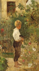 Chłopiec z kotem w ogrodzie autorstwa Joseph Hasslwander