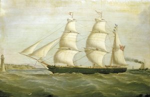 Żaglówka "Queen Bee" (zbudowana w 1852 r.) z latarnią morską po jednej stronie zbudowaną z domów. Obraz olejny