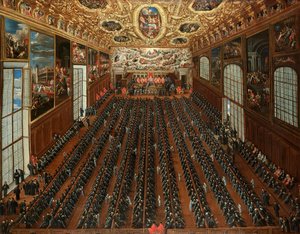 Wnętrze Sala Maggior Consiglio, Pałac Dożów, Wenecja, patrycjusze głosujący nad biuletynem dotyczącym wyboru nowych sędziów.