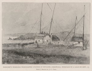 Bezprzewodowa stacja telegraficzna Marconiego w Mullion w Kornwalii, zniszczona przez wichurę 17 września autorstwa Joseph Holland Tringham