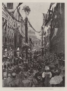 Królewska procesja, kareta Jej Królewskiej Mości przejeżdżająca przez wzgórze Ludgate do katedry św. Pawła autorstwa Joseph Holland Tringham