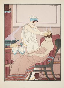 Gąbka nasączona gorącą wodą przykładana jest do głowy, ilustracja z "Dzieł Hipokratesa", 1934 r. autorstwa Joseph Kuhn Regnier