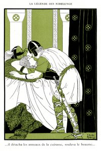 Legenda o Nibelungach: Zygfryd obejmuje Walkyrie Brunnhilde (chromolitografia) autorstwa Joseph Kuhn Regnier