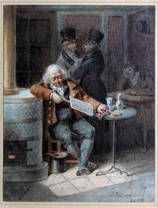 Reading of the Gazette””: staruszek spał w kawiarni czytając gazetę „The Gazette”” w 1824 r. Litografia Josepha Louisa Hippolyte Bellange (1800-1866) 1824 Paryż, Musee Carnavalet autorstwa Joseph Louis Hippolyte Bellange