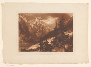 Widok na dolinę Chamonix z rzeką Arveyron Źródło Arveron w dolinie Chamouni Savoy (tytuł na obiekcie) Studia krajobrazowe (tytuł serii) Liber Studiorum (tytuł serii) autorstwa Joseph Mallord William Turner