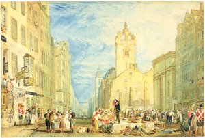 High Street, Edynburg, c.1818 (akwarela, długopis, tusz, grafit i drapanie na papierze tkanym) autorstwa Joseph Mallord William Turner