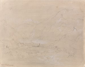 Pejzaż górski z miastem w dolinie, ok. 1840 (grafitowo-szary wash na papierze) autorstwa Joseph Mallord William Turner