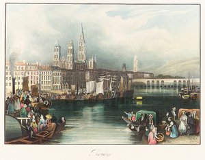 Rouen (Francja). Litografia (33x46,9 cm) autorstwa Josepha Mallorda Williama Turnera (1775-1851) autorstwa Joseph Mallord William Turner