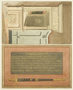 Koniec pomnika Williama Birda w kościele św. Marka z napisem i obrazem miecza magisterium (akwarela na papierze) autorstwa Joseph Manning