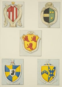 Pięć herbów z pomników w Temple Church (akwarela na papierze) autorstwa Joseph Manning