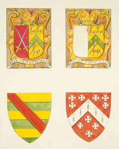 Cztery herby - dwa w oknie przy dzwonnicy, Katedra w Bristolu (akwarela na papierze) autorstwa Joseph Manning