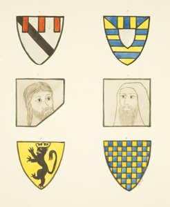 Cztery herby i dwie głowy w witrażach na północ i południe od chóru w katedrze w Bristolu (akwarela na papierze) autorstwa Joseph Manning