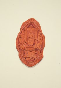 Przód pieczęci Matthew Parkera, arcybiskupa Canterbury, do woli Thomasa Alyce, kupca autorstwa Joseph Manning