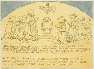 Mosiądz Gibbesa przymocowany do ściany w pobliżu południowych drzwi kościoła św. Jakuba (ołówek i akwarela na papierze) autorstwa Joseph Manning