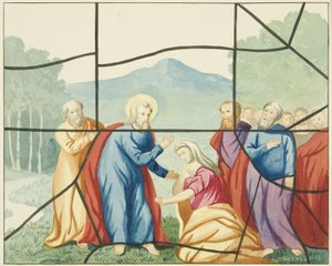 Witraże w kościele św. Marka - Chrystus i Maria Magdalena (akwarela na papierze) autorstwa Joseph Manning