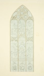 Witraż na wschodnim krańcu północnej nawy katedry w Bristolu (ołówek i akwarela na papierze) autorstwa Joseph Manning