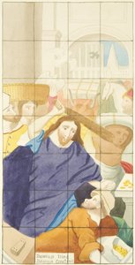 Witraż na wschodnim krańcu południowej nawy katedry w Bristolu przedstawiający kupujących i sprzedających w świątyni (akwarela na papierze) autorstwa Joseph Manning