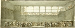 Przysięga kortu tenisowego, ok. 1789 (czarna kreda, długopis i brązowy tusz z szarym lakierem) autorstwa Joseph Marie Flouest