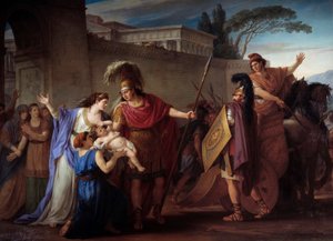 Pożegnanie Hektora i Andromaque. Wyjeżdżając do wojny trojańskiej Hector opuszcza żonę i syna Astianaxa. Obraz Joseph Marie Vien (1716-1809) 1786 Nd. 3,29 x 4,25 m²