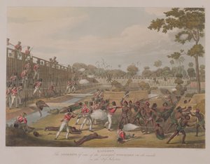 Rangun: The Storming of one of the Principal Stockades on July 8th 1824, tablica 15 z "Rangoon Views", wyryta przez George