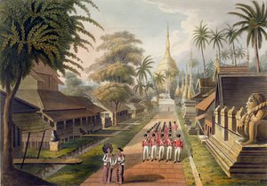 The Principal Approach to Great Dagon Pagoda w Rangunie, tablica 3 z „Rangoon Views”, grawerowana przez T. Fieldinga, 1825 (akwatinta)