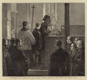 Złożenie do grobu Napoleona III, cesarzowej Eugenii kropiącej trumnę wodą święconą