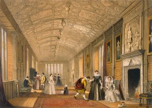 The Long Gallery w Lanhydrock, Cornwall, 1600, z Architecture of the Middle Ages, opublikowany 1838 autorstwa Joseph Nash