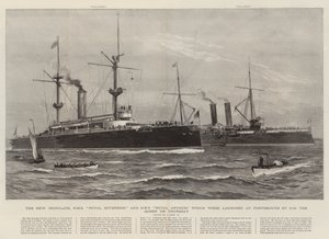 Nowe pancerniki, HMS Royal Sovereign i HMS Royal Arthur, które zostały zwodowane w Portsmouth przez królową HM w czwartek