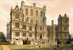 Wollaton Hall, Nottinghamshire, 1600, ilustracja z "Architecture of the Middle Ages", 1838 autorstwa Joseph Nash