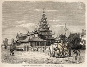 Pałac króla Avy w Amarapoura (dzisiejsza Birma), rysunek Navleta ilustrujący podróż do królestwa Avy w 1855 roku kapitana Henri Yule z ciała bengalskiego dżina. Grawerowanie w „” Le tour du monde, nouveau journal des voya