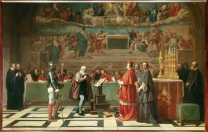 Galilea (lub Galileo Galilei (1564-1642) przed Świętym Oficjum w Watykanie”” Astronom został skazany przez Trybunał Inkwizycji w 1632 r. za obronę teorii Kopernika. Obraz Joseph Nicolas Robert-Fleury (Robert Fleury) (1797-1890) 1847