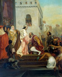 Przyjęcie Krzysztofa Kolumba (1451-1506) przez królów Hiszpanii Ferdynanda II Aragońskiego i Izabelę I Kastylii (zwaną katolicką) w Barcelonie w 1493 r. Odkrywca powraca z uwięzionymi Indianami. Szczegół. Obraz Josepha Nicolasa Roberta Fleury (1
