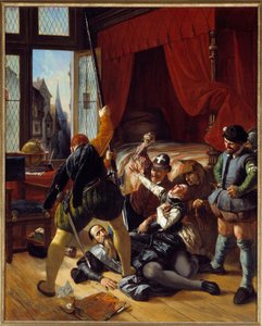 Wojna religijna: „” Scena de la Saint Barthelemy, zabójstwo Briou, gubernatora księcia Conti, 24.08.1572”” Obraz Joseph Nicolas Robert Fleury (1797-1890) 1833 nd. 1,64x1,3 m²