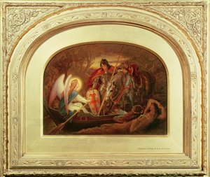 Jak anioł wiosłował Sir Galahadem przez Dern Mere autorstwa Joseph Noel Paton