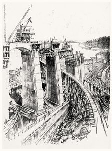 Podejścia do śluzy Gatun, płyta VI z Kanału Panamskiego autorstwa Josepha Pennella, 1912 (węgiel na papierze) autorstwa Joseph Pennell