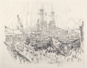 Budowa ścigaczy łodzi podwodnych, 1917. autorstwa Joseph Pennell