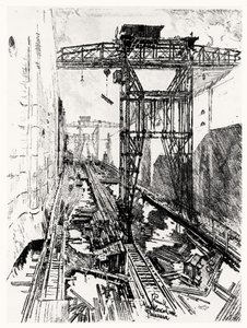 Żurawie na śluzie Miraflores, tablica XXII z Kanału Panamskiego autorstwa Josepha Pennella, 1912 (węgiel na papierze)