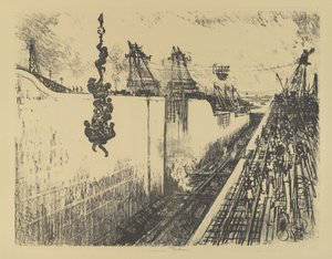 Pora obiadowa, śluza Gatun, 1912 r autorstwa Joseph Pennell