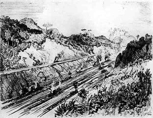 In the Cut at Las Cascades, tablica XII z The Panama Canal Joseph Pennell, 1912 (węgiel drzewny na papierze)