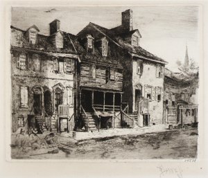 Zamiatacze ulic, stare domy autorstwa Joseph Pennell