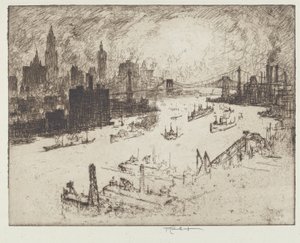 Zachód słońca z mostu Williamsburg autorstwa Joseph Pennell