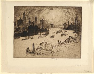 Zachód słońca z mostu Williamsburg autorstwa Joseph Pennell