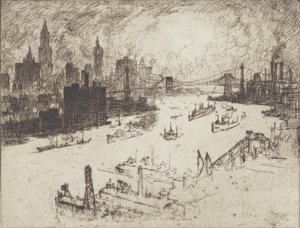 Zachód słońca z mostu Williamsburg, 1915. autorstwa Joseph Pennell