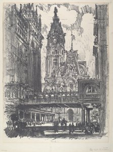 Ratusz i most przez Market Street autorstwa Joseph Pennell